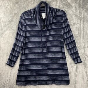 Sunday Cowl Funnel Neck Top Womens Medium Blue Striped Beachy Coastal Pullover